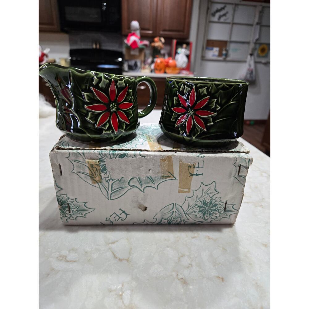 Vintage Enesco Imports Japan Sugar Bowl and Creamer Christmas Original Box